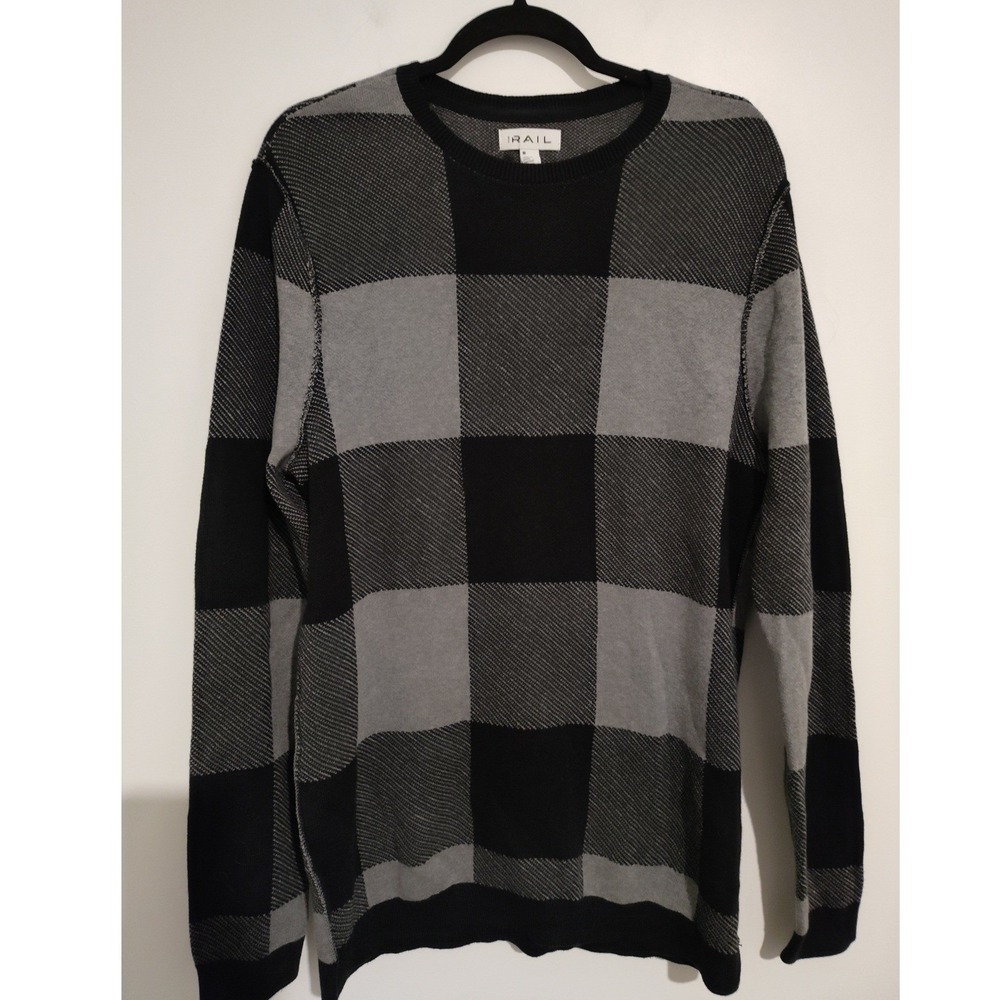 The Rail Nordstrom Mens Gray Black Buffalo Check Cotton Crewneck Sweater M NEW